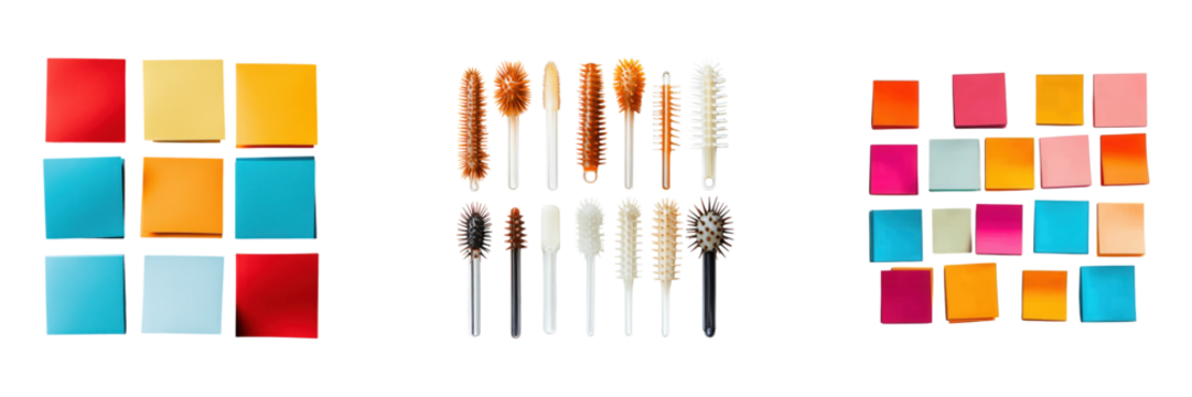 Colorful sticky notes and mascara brushes on a black background on transparent background