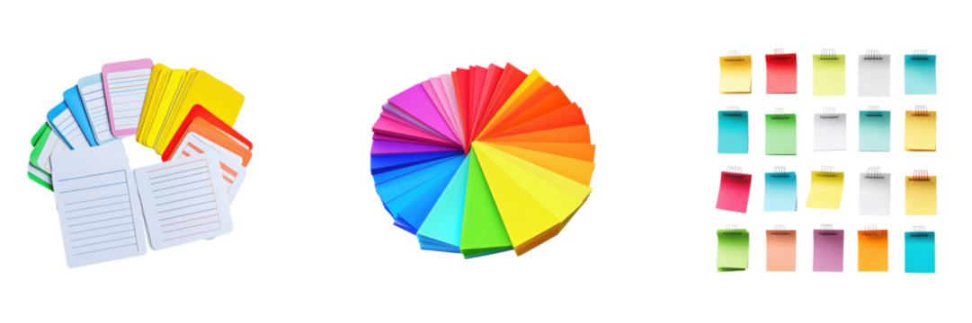 Colorful notepads and paper sheets arranged creatively on transparent background