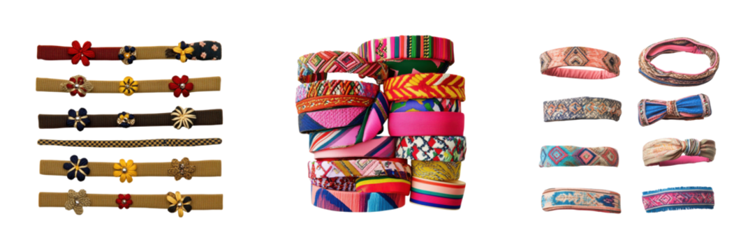 Colorful boho style headbands and bracelets arrangement on transparent background