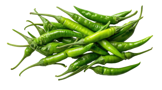 Green chili peppers from multiple angles on transparent background