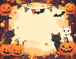 Raster Halloween blank menu template with cute cartoon cats