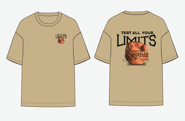 Flat sketch of a beige oversized streetwear T-shirt featuring motivational “Test All Your Limits” lettering and a vintage basketball illustration with Brooklyn detail. modern urban fashion, sports