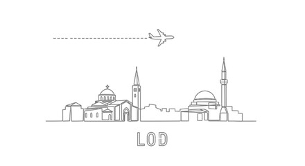 Fototapeta premium Lod skyline with Israel Plane, and travel Line art.