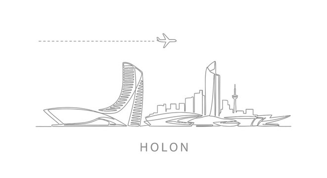 Holon Israel Skyline Silhouette with Airplane Minimal.