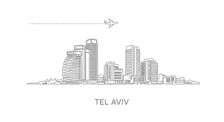 Fototapeta premium Tel Aviv Skyline Minimal Outline with Airplane.