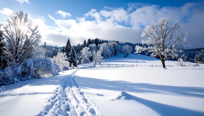Obraz premium A serene winter landscape, a path winds through deep, untouched snow, leading towards frosted trees and evergreen conifers on a gentle hillside under a vibrant, blue sky dotted with puffy clouds,