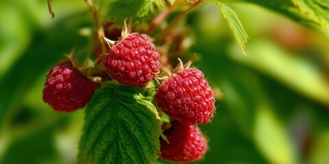 Delicious raspberries hanging on a bush ready to be picked, perfect for a summer snack.