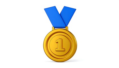 A shiny, gold medal with a blue ribbon, indicating first place. The numeral "1" is prominently displayed, symbolizing achievement and victory against a white background.