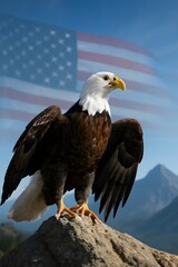 Fototapeta premium Soaring Bald Eagle in Flight with American Flag and Mountain Background