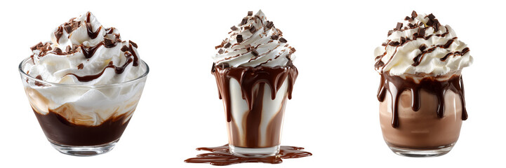 Set of Dessert topping of whipped cream with chocolate sauce on transparent png background. Ai generated