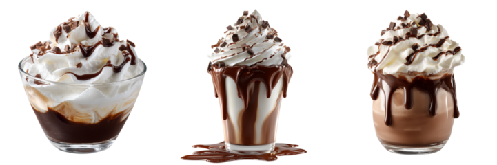 Set of Dessert topping of whipped cream with chocolate sauce on transparent png background. Ai generated