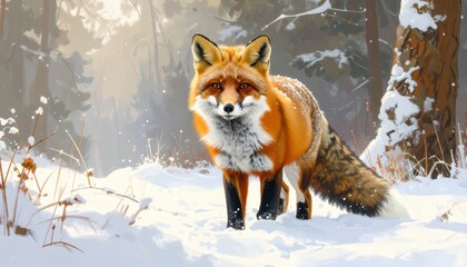 A majestic red fox stands in a snowy winter forest, showcasing its vibrant fur and captivating gaze.