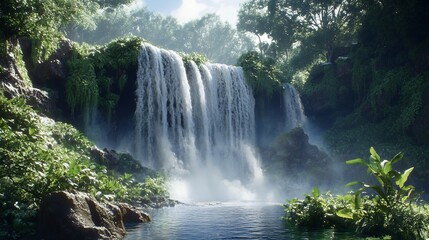 Serene Waterfall: Lush Greenery, Misty Cascades, Tranquil Scene