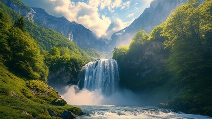Fototapeta premium Majestic Waterfall Cascading Through Verdant Mountains: A Serene Landscape