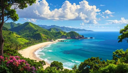 Obraz premium A picturesque vista showcasing a sun-kissed sandy beach nestled between lush green hills and a tranquil turquoise sea, crowned by a sky adorned with fluffy white clouds