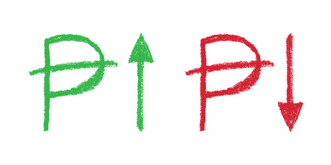 Hand drawn peseta currency symbol Growth and fall profit with arrow up and down Brush stroke doodle Element for design
