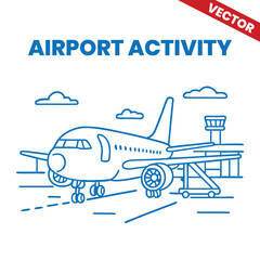 Airplane on the ground at the airport with parked position outline graphic illustration airport activity