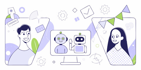 Modern illustration of people interacting with robots and technology for communication and support