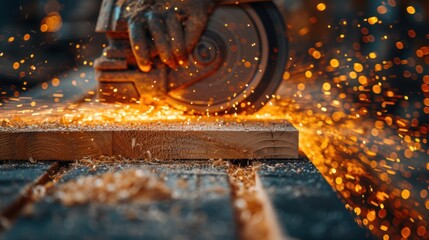 Circular Saw Cutting Wood With Spark Flurries in a Workshop