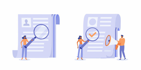 Two people examining documents with a magnifying glass and a megaphone for analysis and recruitment