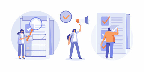 Teamwork and task management with people checking off items on lists and using a megaphone for communication