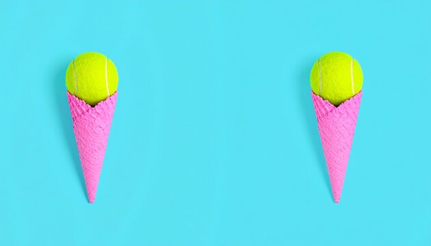 Two pink ice cream cones, each holding a yellow tennis ball, on a vibrant blue background