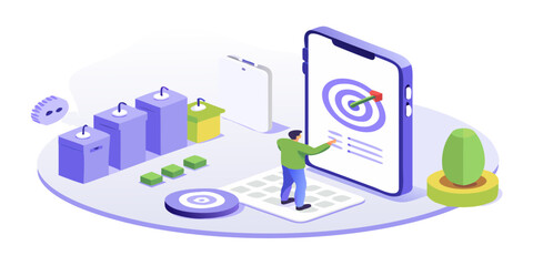 Isometric illustration of a person interacting with a smartphone displaying a target and growth charts representing business strategy and goal achievement
