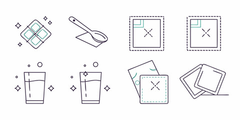 Set of eight simple line art icons representing various objects and concepts like ice cubes spoon glasses and cards