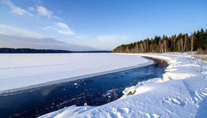 Obraz premium A serene winter landscape features a snow-covered expanse merging with an unfrozen stream under a bright, sunny sky. 