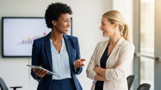 Two businesswomen, one African American and one Caucasian, are having a conversation in a modern office setting with a graph displayed on a screen in the background. - Powered by Adobe