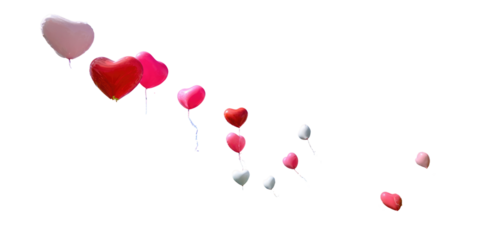 Heart Shaped Balloons Floating Against Bright Blue Sky on Transparent Background