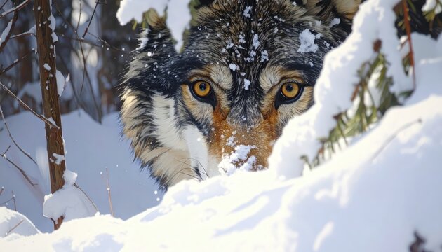 Close-up of a majestic wolf, its amber eyes piercingly focused, emerging from a snowy forest thicket.
