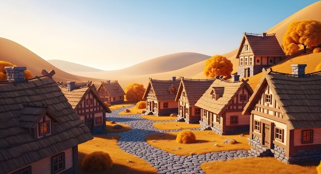 Charming Autumn Village nestled in rolling hills, idyllic cartoon style illustration perfect for children's book, game design, or whimsical background.