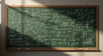 A chalkboard filled with complex mathematical equations and formulas, showcasing various geometric shapes and algebraic expressions, creating a visual representation of advanced mathematical concepts 