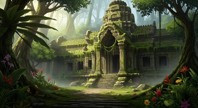 Mysterious Ancient Temple Ruins Overgrown by Lush Jungle Foliage, Digital Painting Illustration - Powered by Adobe