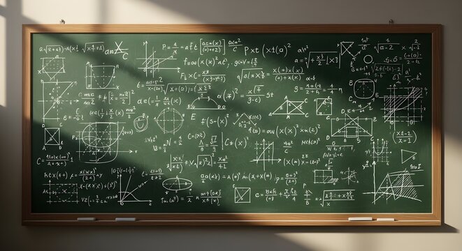 A chalkboard filled with complex mathematical equations and formulas, showcasing various geometric shapes and algebraic expressions, creating a visual representation of advanced mathematical concepts