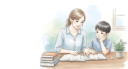Caring mother helps her young son with homework at a desk, fostering a positive home learning environment with illustration style.