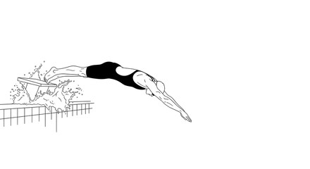 Dynamic illustration of a swimmer diving off a starting block into the water, capturing momentum and splash.