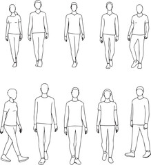 Line Art Silhouettes of Men and Women in Various Poses on White Background