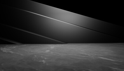 3d rendering of black abstract geometric modern dark room background. Scene for advertising design, showroom, technology, future, modern, sport, game, spaceship, E-sport, garage. Sci Fi Illustration