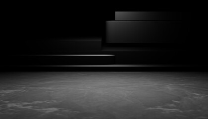 3d rendering of black abstract geometric modern dark room background. Scene for advertising design, showroom, technology, future, modern, sport, game, spaceship, E-sport, garage. Sci Fi Illustration