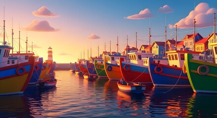 Vibrant Sunset over a Colorful Fishing Village: Charming Row of Boats Docked at Harbor, Scenic Coastal Illustration