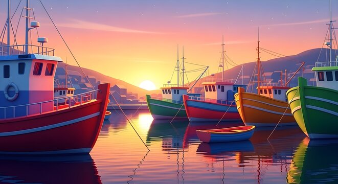 Vibrant cartoon fishing boats docked in a serene harbor at sunset, showcasing colorful reflections on calm water with distant mountains.