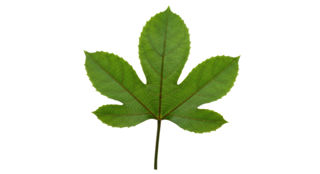 Green leaf with five lobes and serrated edges.