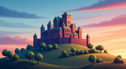 Fairytale medieval castle on a grassy hill at sunset with vibrant pink and orange sky, fantasy landscape illustration.