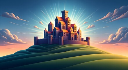 Majestic castle illustration bathed in sunlight, a fairytale kingdom standing atop rolling green hills against a vibrant sky, perfect for fantasy book covers and children's illustrations.
