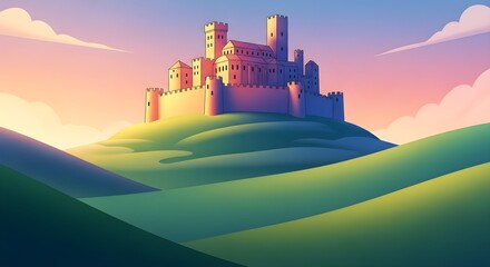 Fairytale Castle on a Hilltop at Sunset: Idyllic Fantasy Illustration