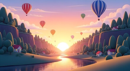 Scenic cartoon illustration of hot air balloons floating over a valley at sunset, creating a dreamy and adventurous landscape for travel and exploration.