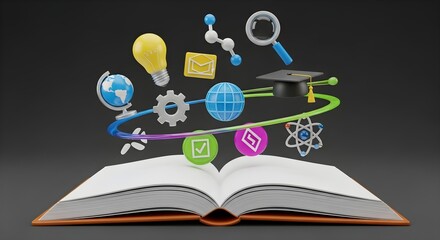 Open book with colorful knowledge icons and graduation cap orbiting above, representing education, learning, and academic success.