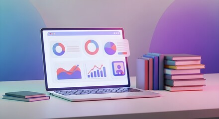 Laptop displaying data analytics charts sits on a desk with books, showcasing online learning or remote work in a vibrant, modern setting.